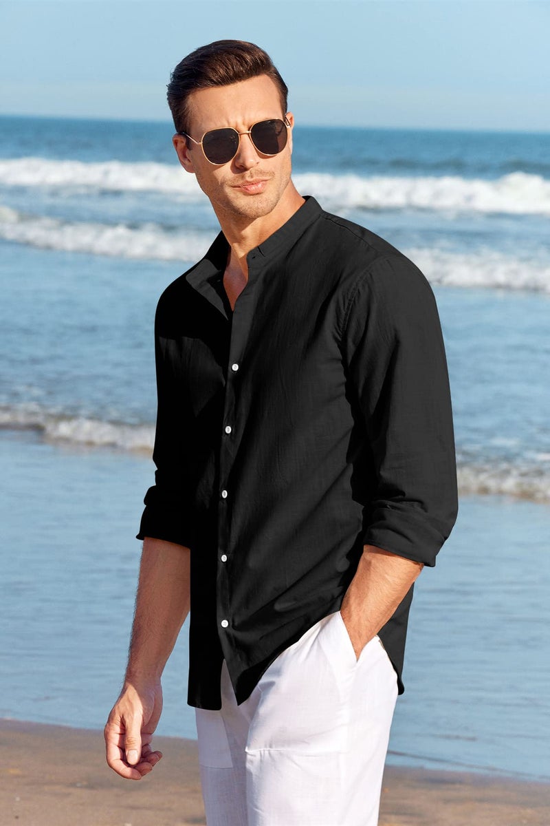 Makkrom Men Linen Shirt Button Down Long Sleeve Cotton Beach Band Collar Casual Summer Shirts - Image 5
